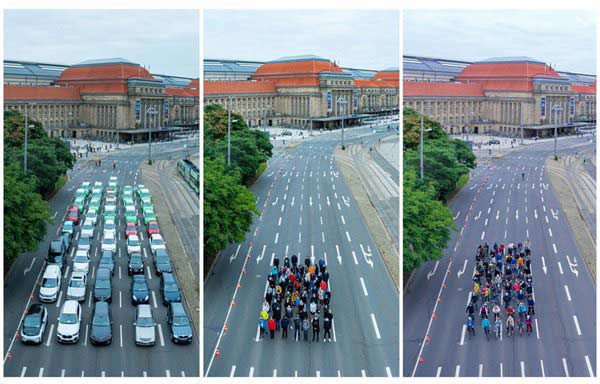 同じ環境団体がライプツィヒ駅前で実際に撮影した写真。クルマと歩行者と自転車、同じ人数が占める空間の違いが一目瞭然。