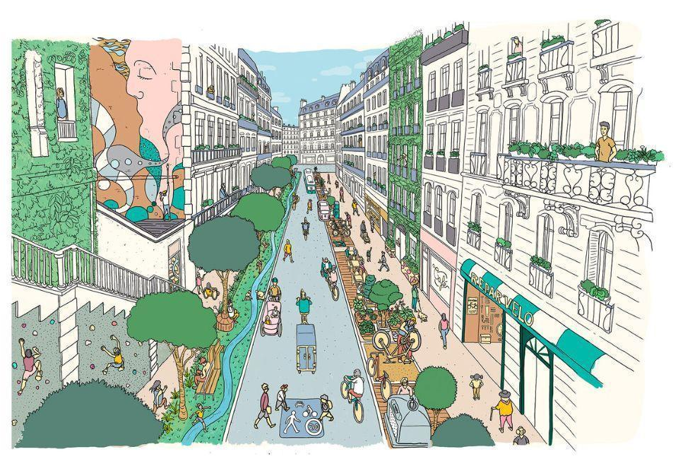 公園のように整備され、人や自転車が行きかい子どもが遊ぶパリの通りのイラスト