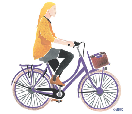 カゴのついた自転車を女性が漕いでいるイラスト
