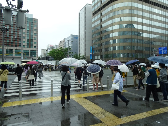 大勢の人が傘を差して行き交う交差点の写真です